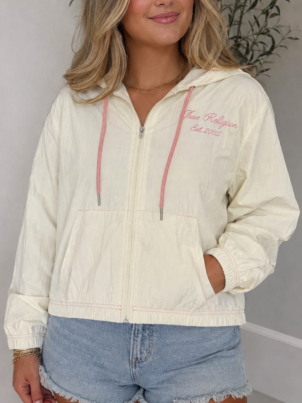 True Religion Cream Hooded Zip Jacket with Pink Accents